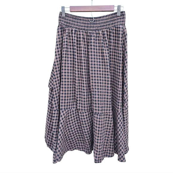 Gingham Black Brown Ruffle Asymmetrical Midi Skirt - Picture 4 of 7